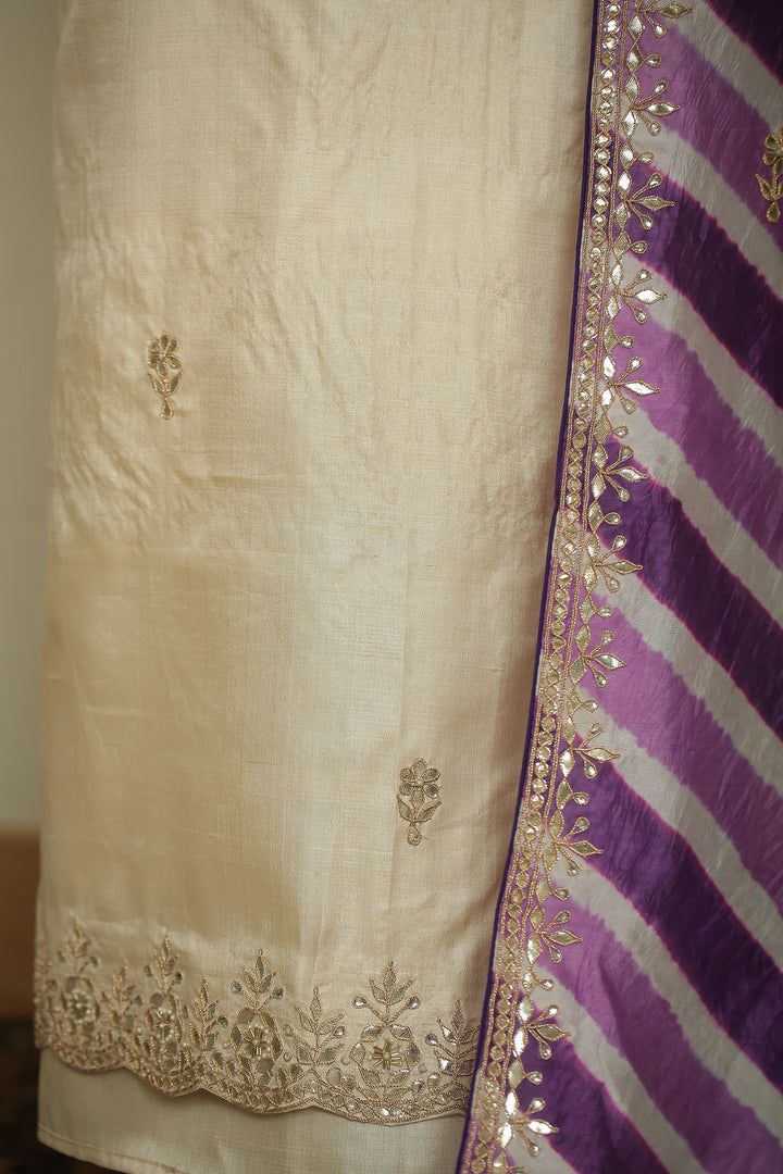 Tussar silk Unstitched Suit with Gota, Gota Patti, Zari work.