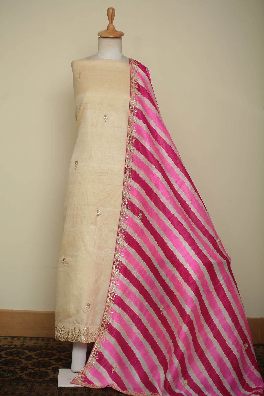 Tussar silk Unstitched Suit with Gota, Gota Patti work.