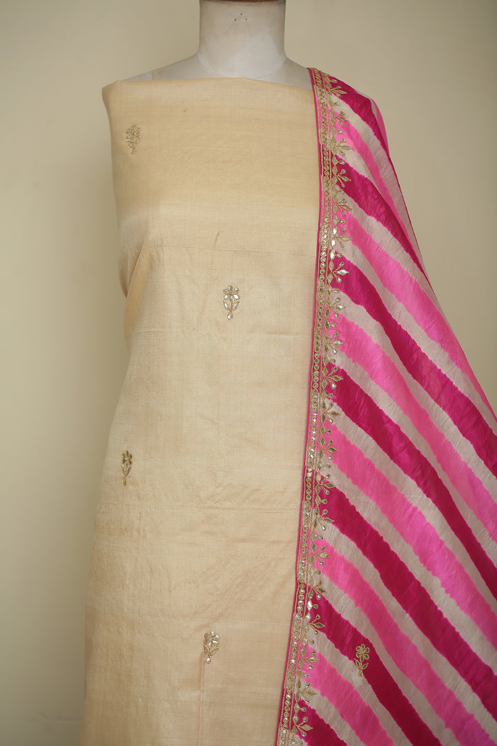 Tussar silk Unstitched Suit with Gota, Gota Patti work.