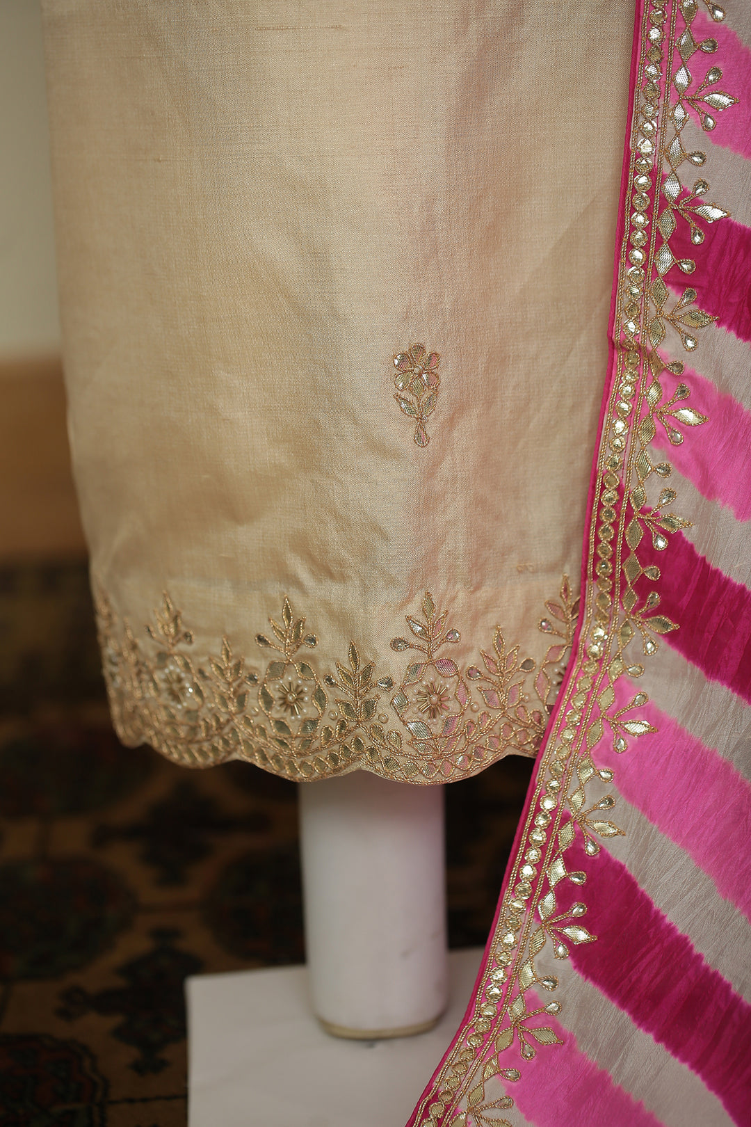 Tussar silk Unstitched Suit with Gota, Gota Patti work.