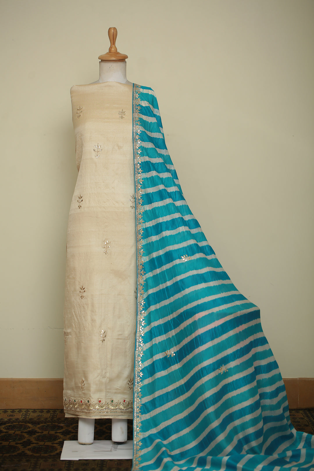Tussar silk Unstitched Suit with Gota, Gota Patti, Zari work.