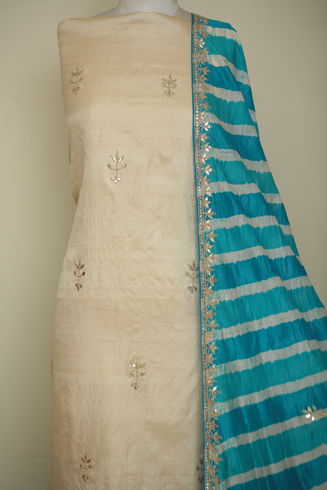Tussar silk Unstitched Suit with Gota, Gota Patti, Zari work.