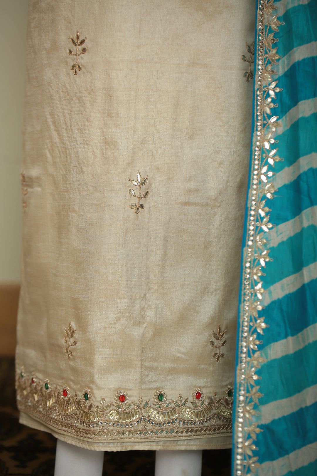 Tussar silk Unstitched Suit with Gota, Gota Patti, Zari work.