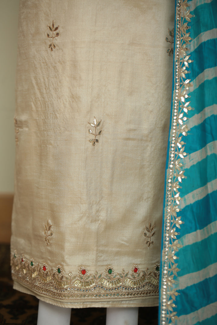Tussar silk Unstitched Suit with Gota, Gota Patti, Zari work.
