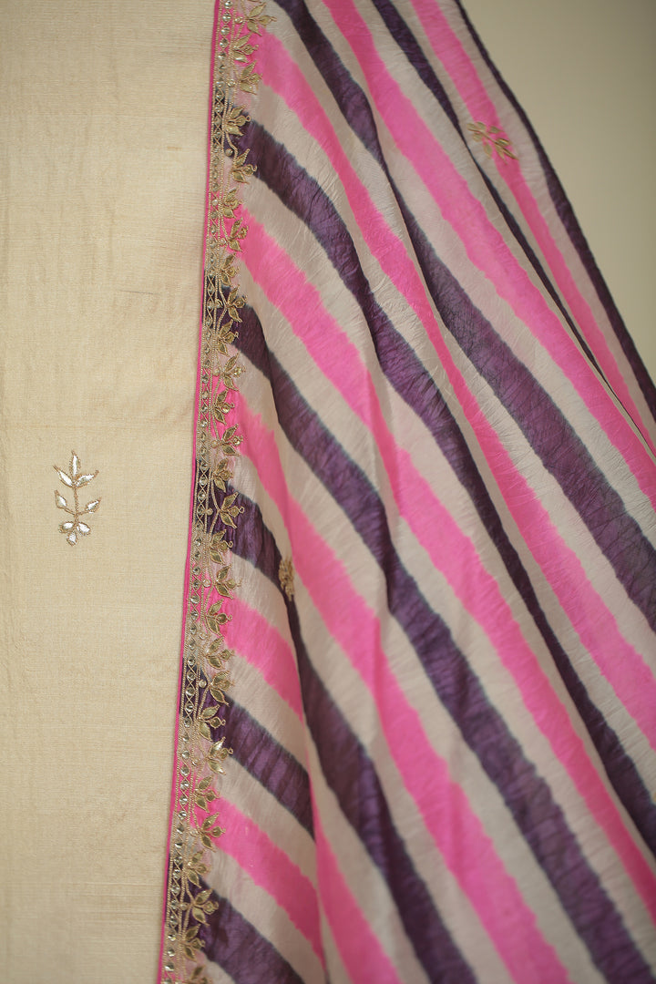Tussar silk Unstitched Suit with Gota, Gota Patti, Zari work.