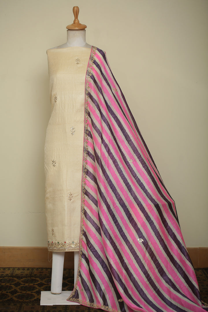 Tussar silk Unstitched Suit with Gota, Gota Patti, Zari work.