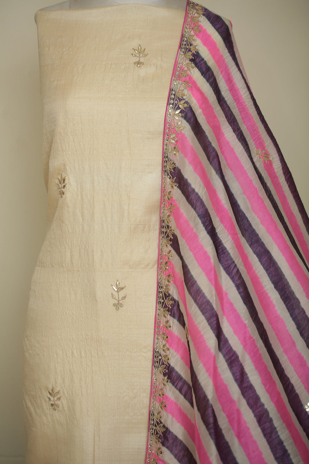 Tussar silk Unstitched Suit with Gota, Gota Patti, Zari work.
