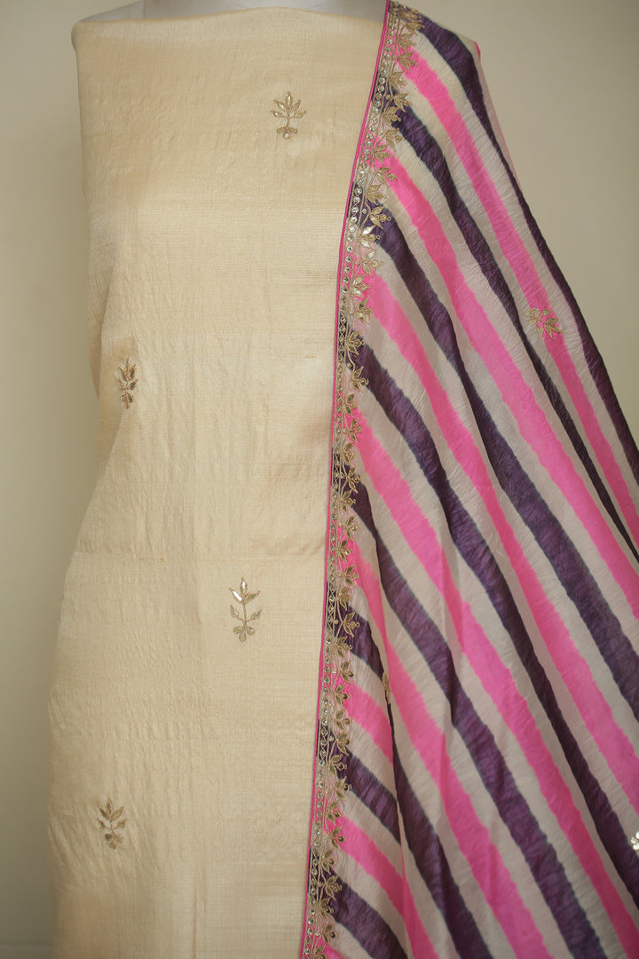 Tussar silk Unstitched Suit with Gota, Gota Patti, Zari work.