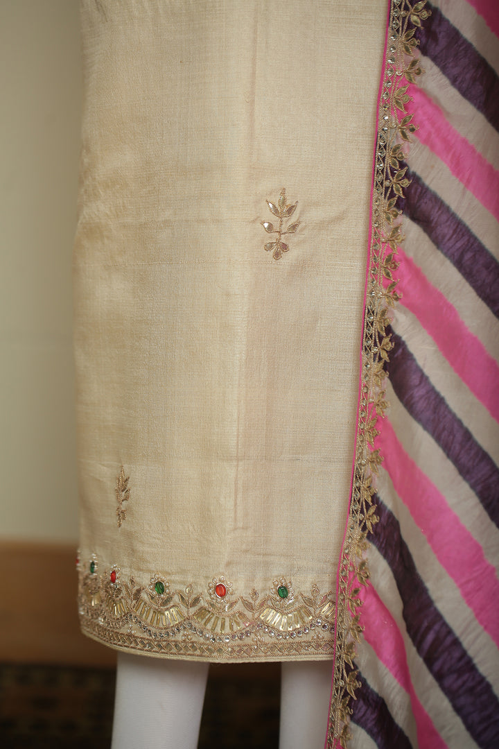 Tussar silk Unstitched Suit with Gota, Gota Patti, Zari work.