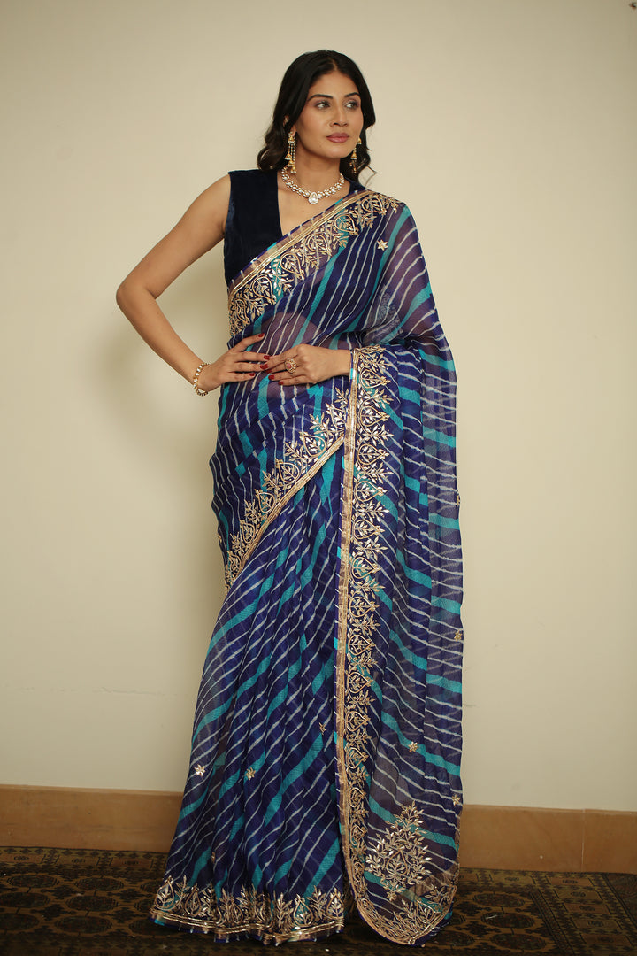 Leheriya kota silk Saree with Dori, Gota, Gota Patti, Sequins work.
