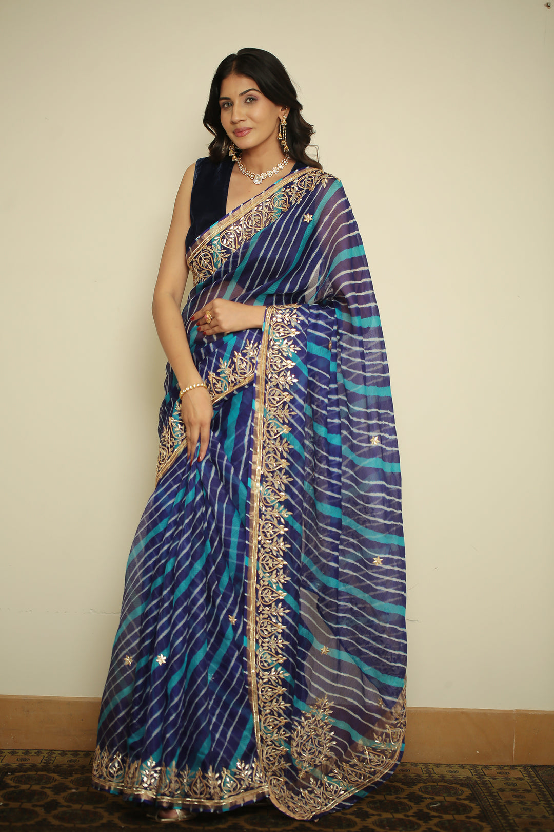Leheriya kota silk Saree with Dori, Gota, Gota Patti, Sequins work.