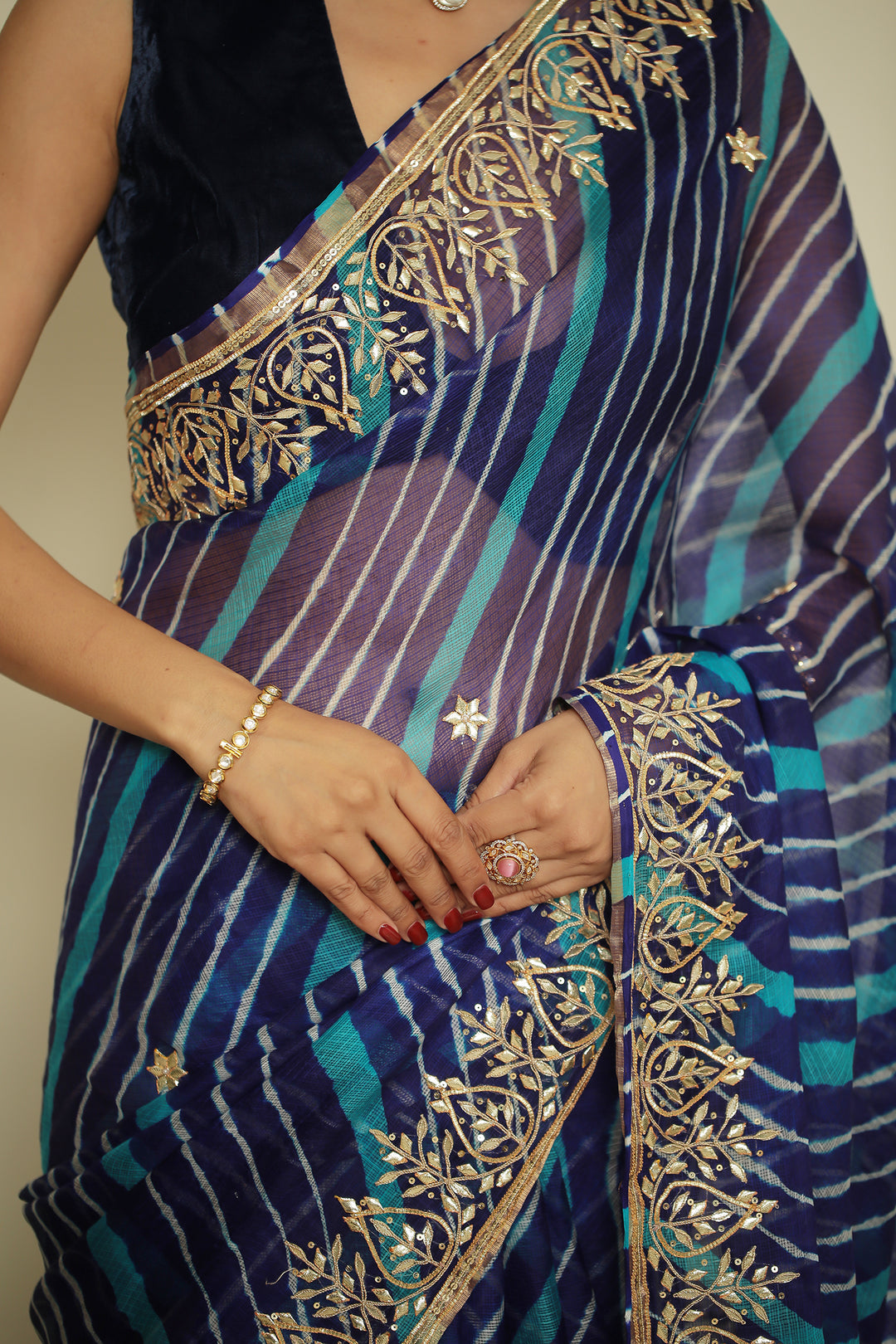 Leheriya kota silk Saree with Dori, Gota, Gota Patti, Sequins work.