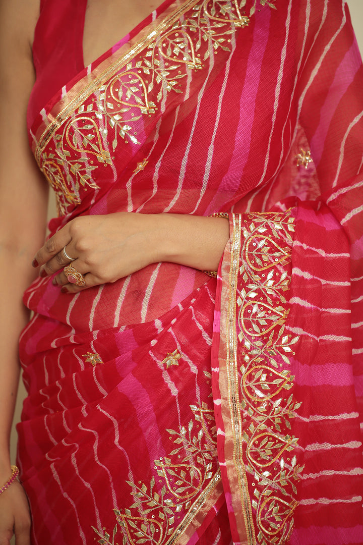 Leheriya kota silk Saree with Dori, Gota, Gota Patti, Sequins work.