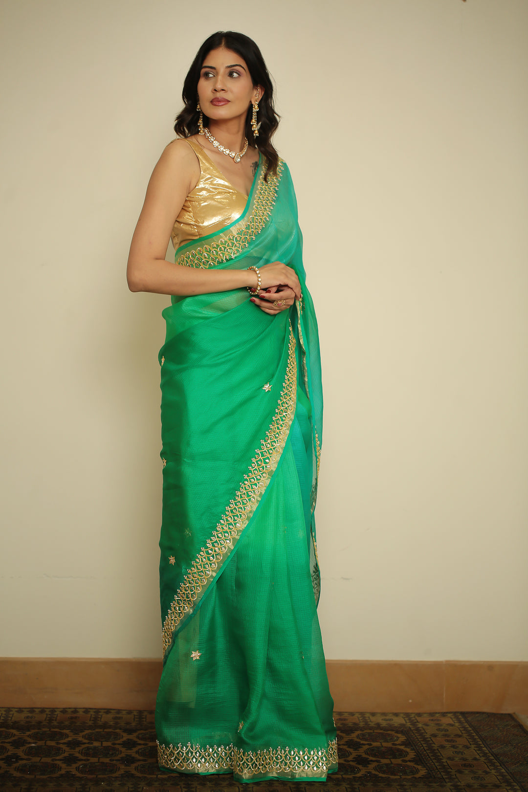 kota Silk Saree with Dori, Gota, Gota Patti, Sequins work.