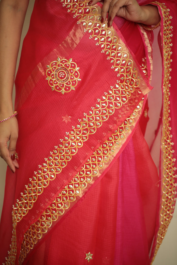 kota Silk Saree with Dori, Gota, Gota Patti, Sequins work.