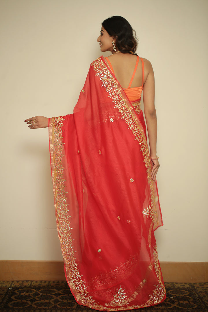 kota silk Saree with Aari, Dori, Gota Patti, Sequins, Zari work.