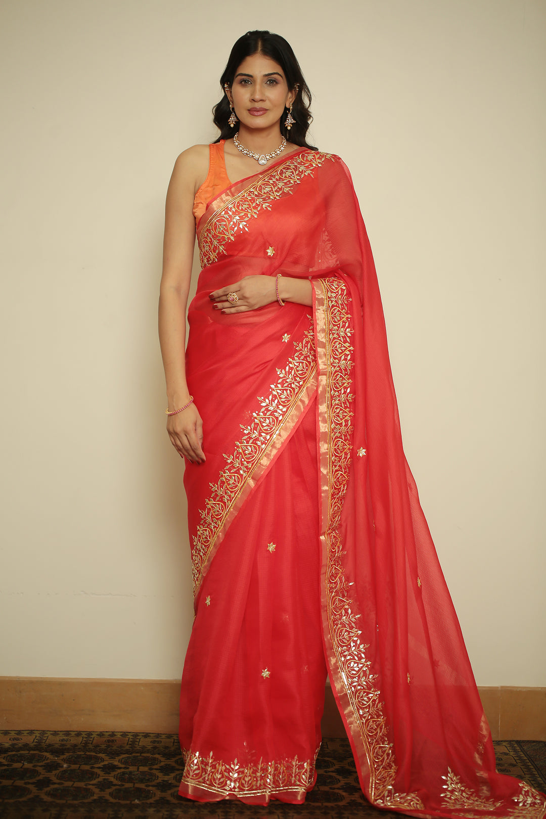 kota silk Saree with Aari, Dori, Gota Patti, Sequins, Zari work.