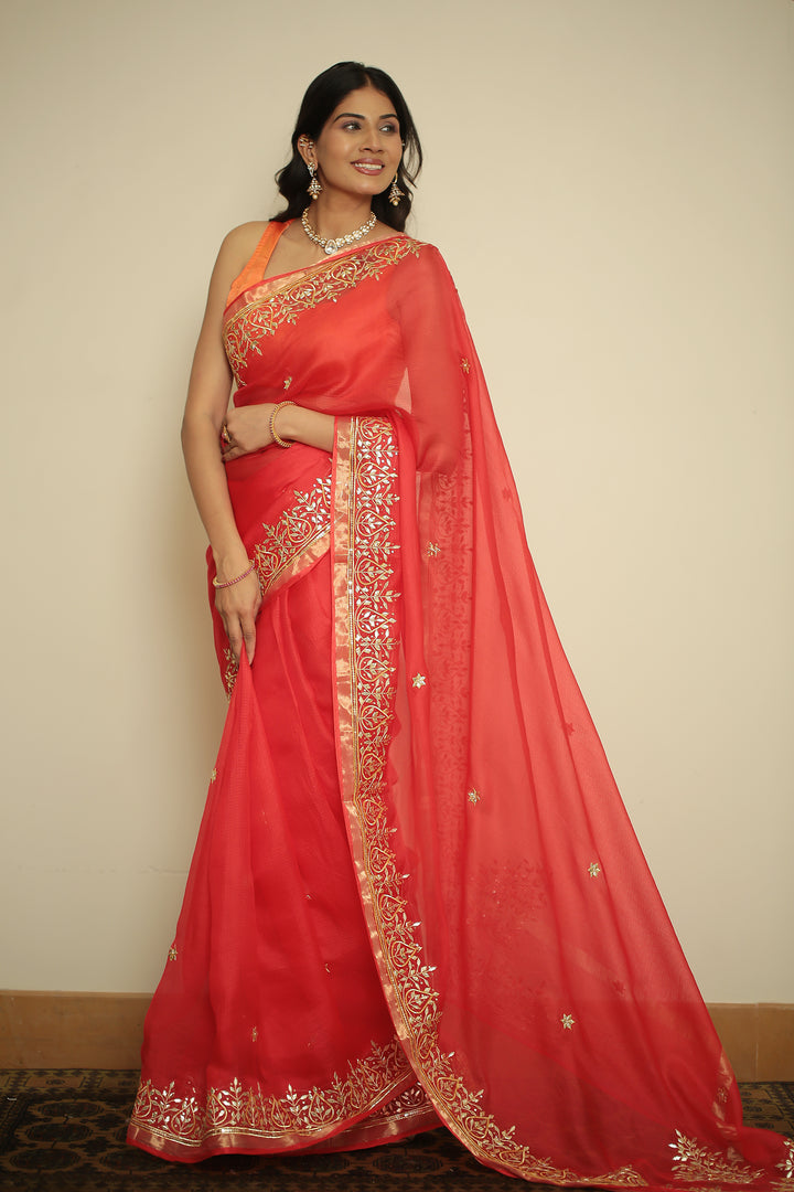 kota silk Saree with Aari, Dori, Gota Patti, Sequins, Zari work.