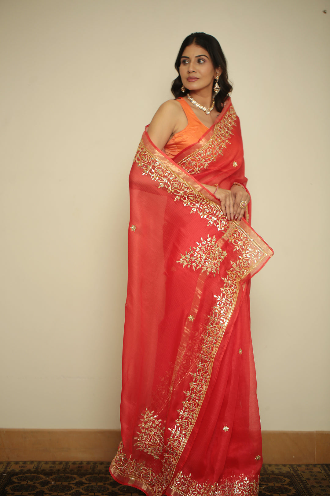 kota silk Saree with Aari, Dori, Gota Patti, Sequins, Zari work.