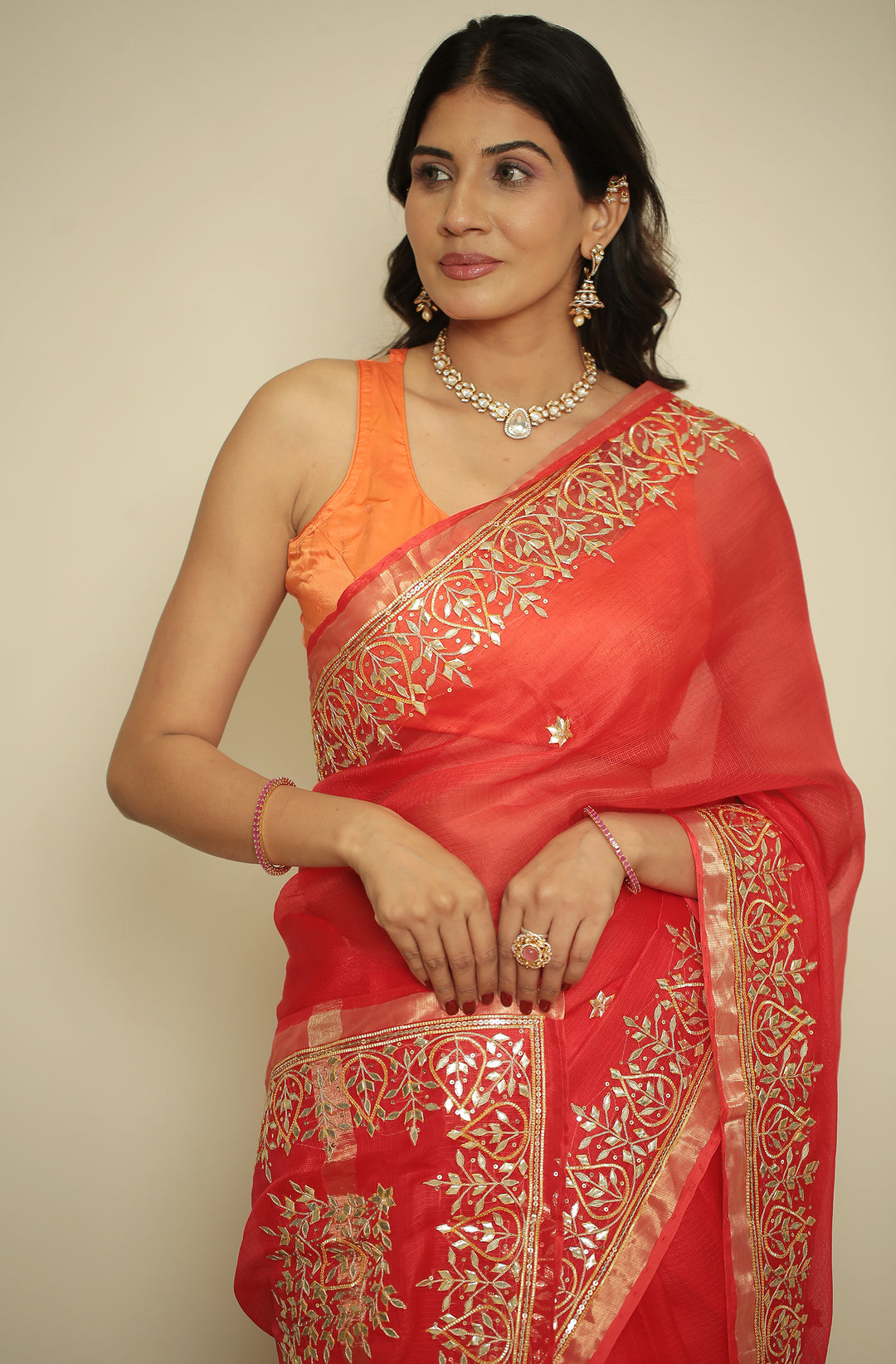 kota silk Saree with Aari, Dori, Gota Patti, Sequins, Zari work.
