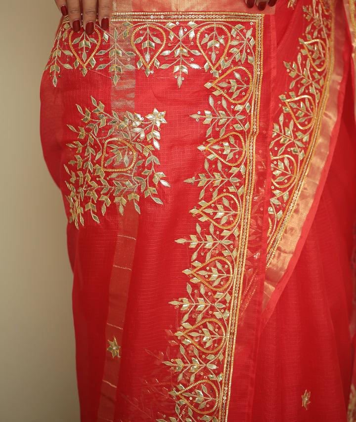 kota silk Saree with Aari, Dori, Gota Patti, Sequins, Zari work.