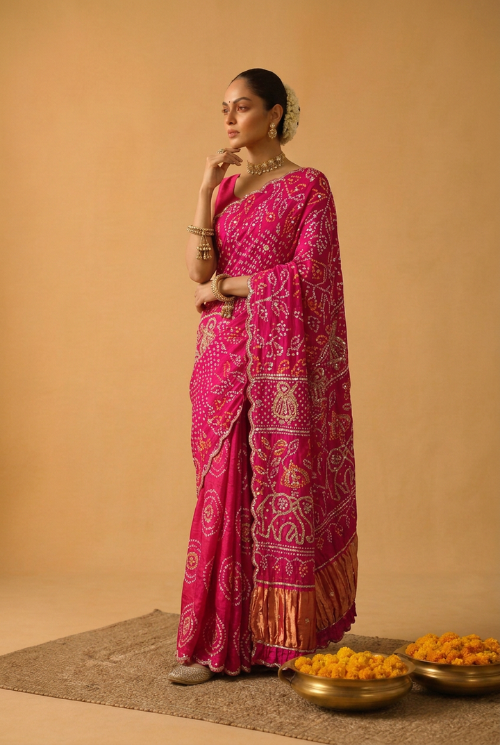 Bandhej Satin Saree With Gota Patti Work.