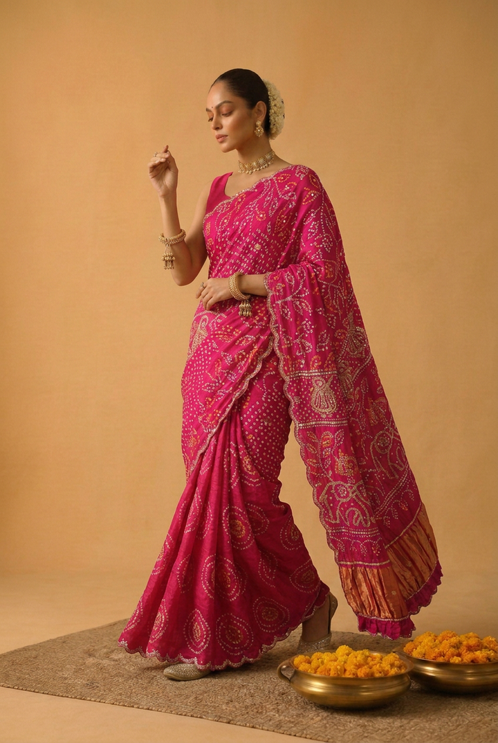 Bandhej Satin Saree With Gota Patti Work.