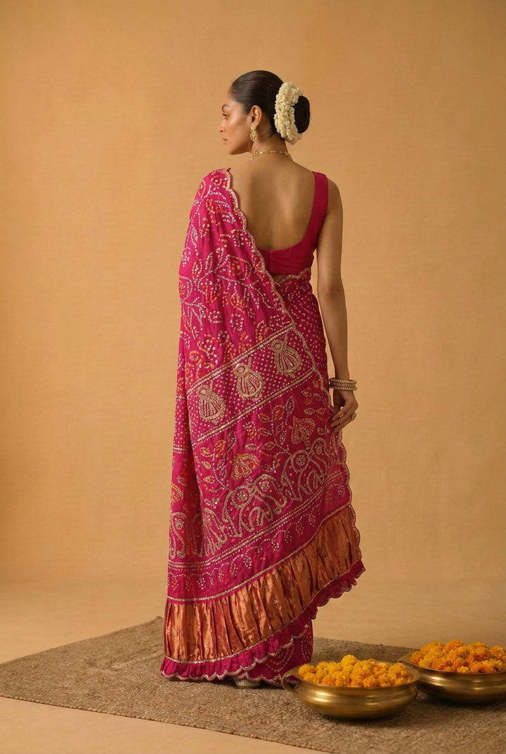 Bandhej Satin Saree With Gota Patti Work.