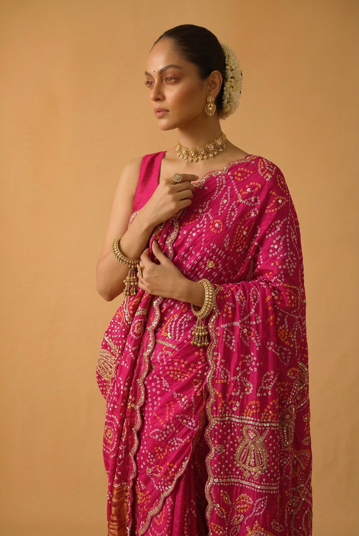 Bandhej Satin Saree With Gota Patti Work.