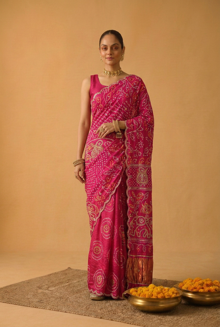 Bandhej Satin Saree With Gota Patti Work.