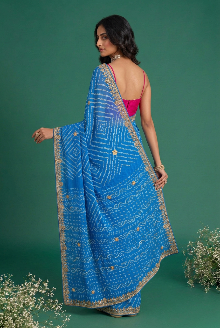 Crepe Saree with Gota Patti, Rai bandhej work.