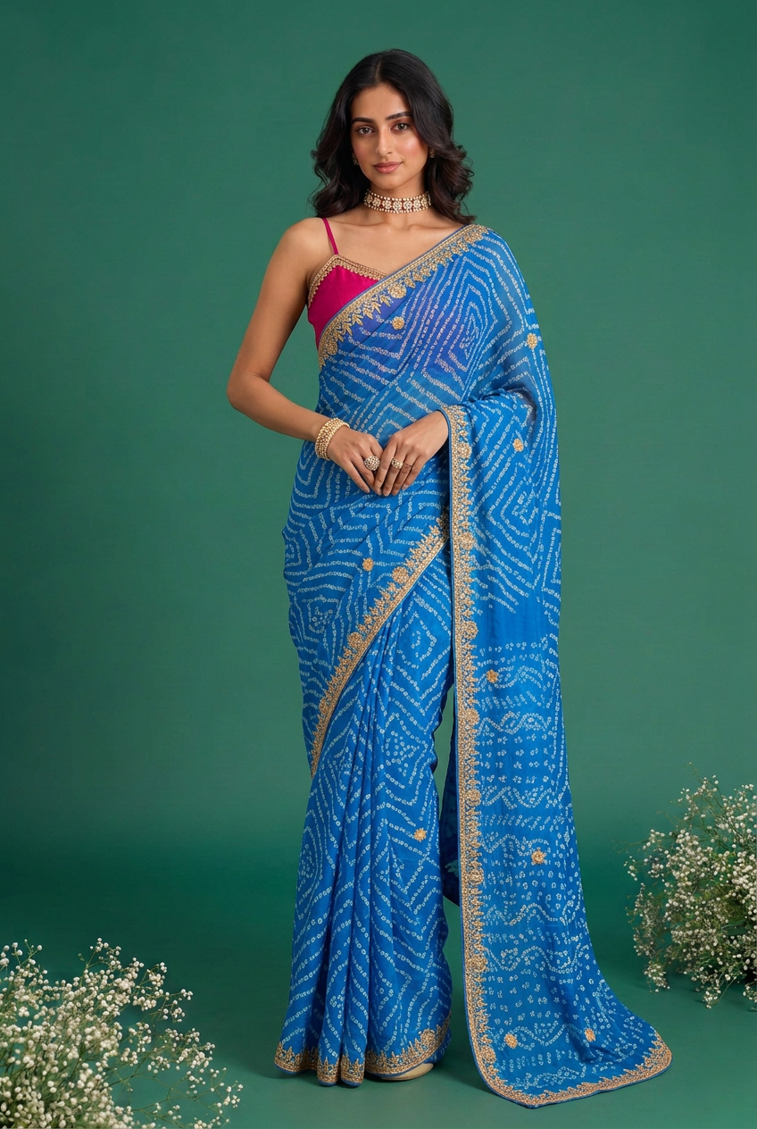 Crepe Saree with Gota Patti, Rai bandhej work.