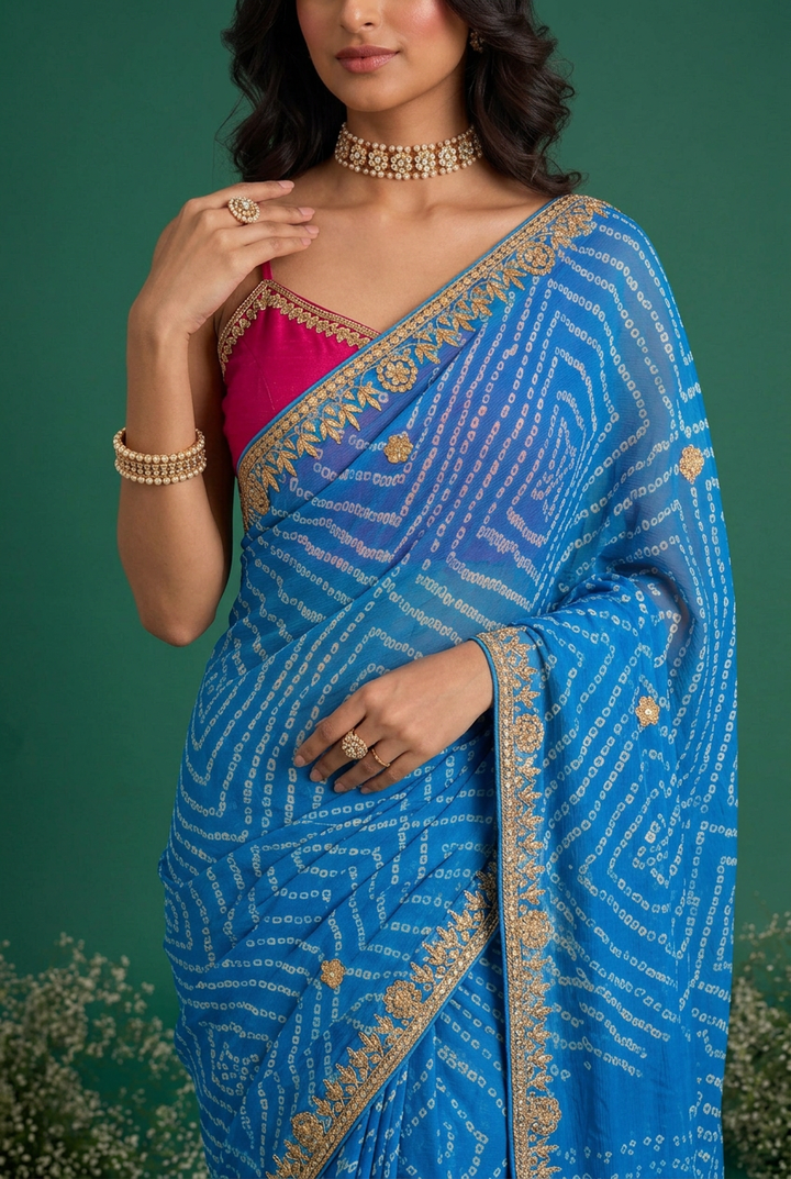 Crepe Saree with Gota Patti, Rai bandhej work.