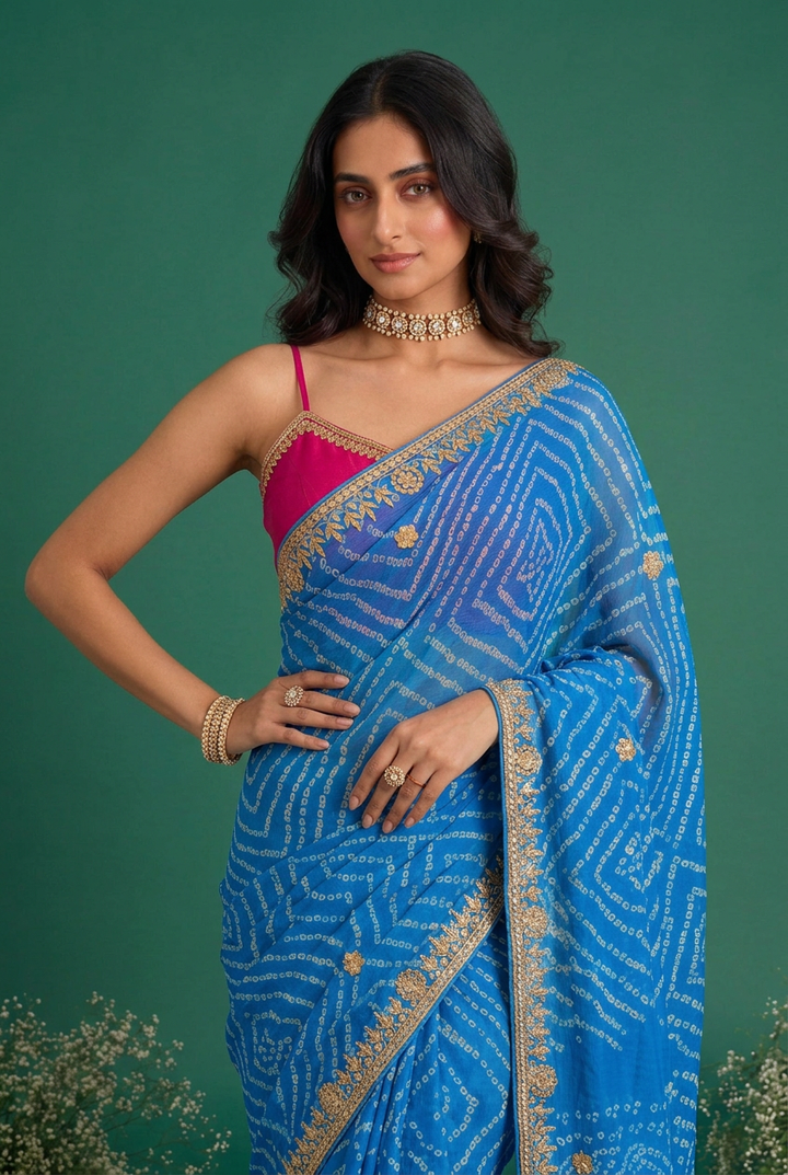 Crepe Saree with Gota Patti, Rai bandhej work.