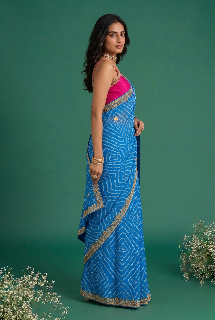 Crepe Saree with Gota Patti, Rai bandhej work.