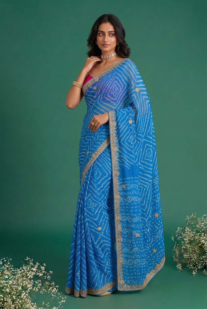Crepe Saree with Gota Patti, Rai bandhej work.