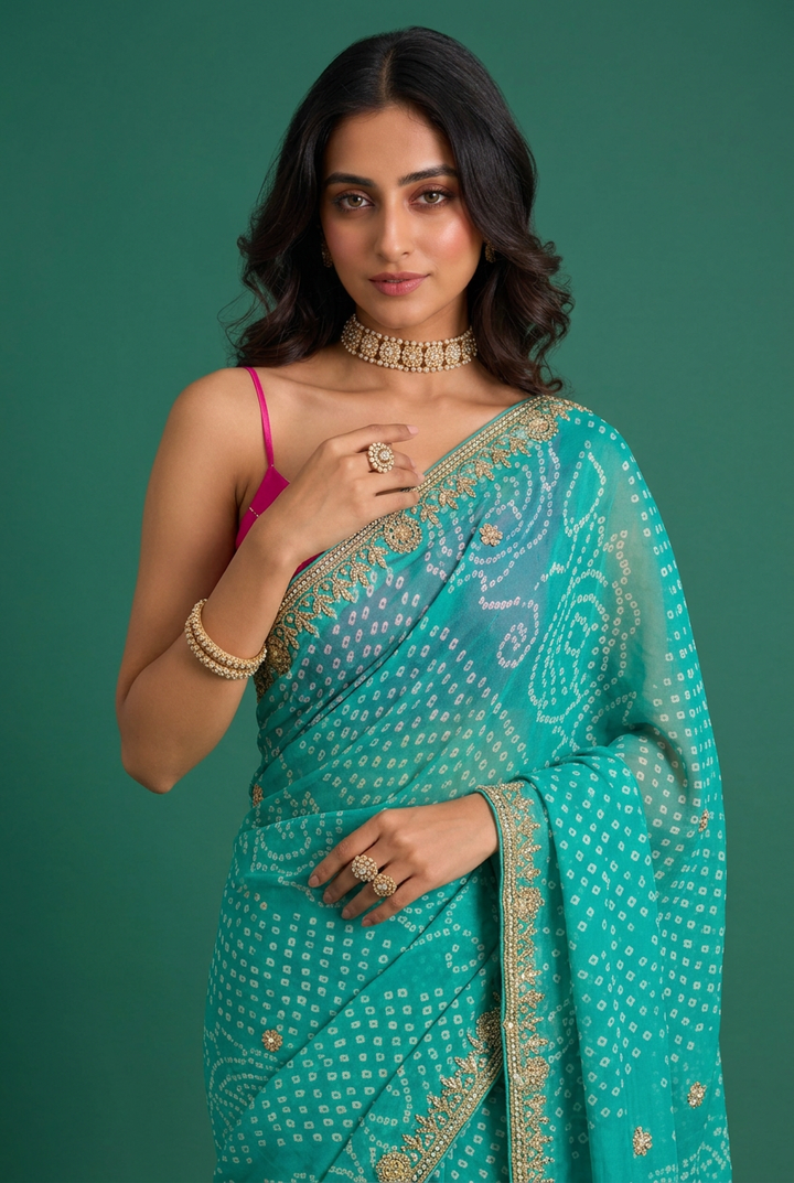 Bandhej Crepe Saree with Gota Patti work.