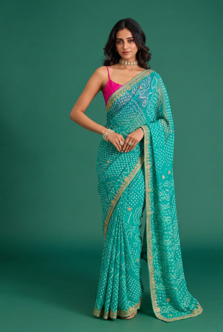 Bandhej Crepe Saree with Gota Patti work.