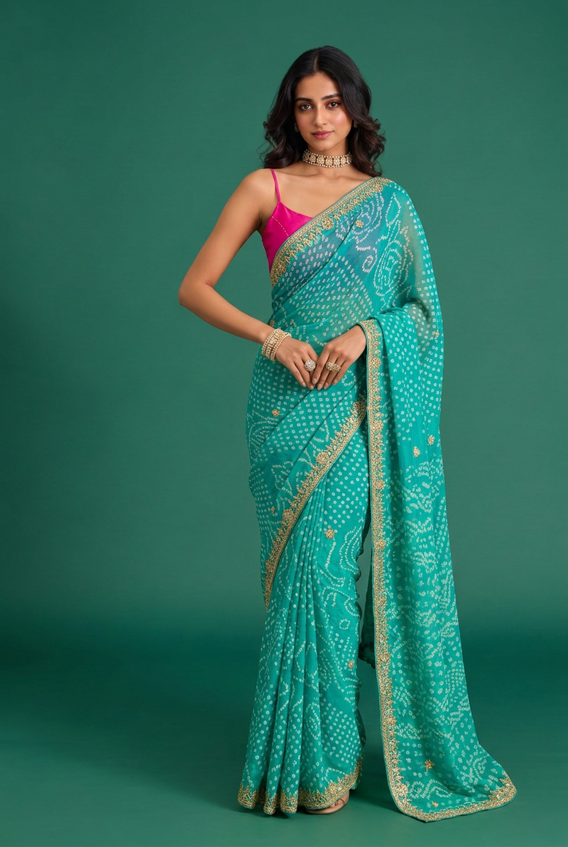 Bandhej Crepe Saree with Gota Patti work.