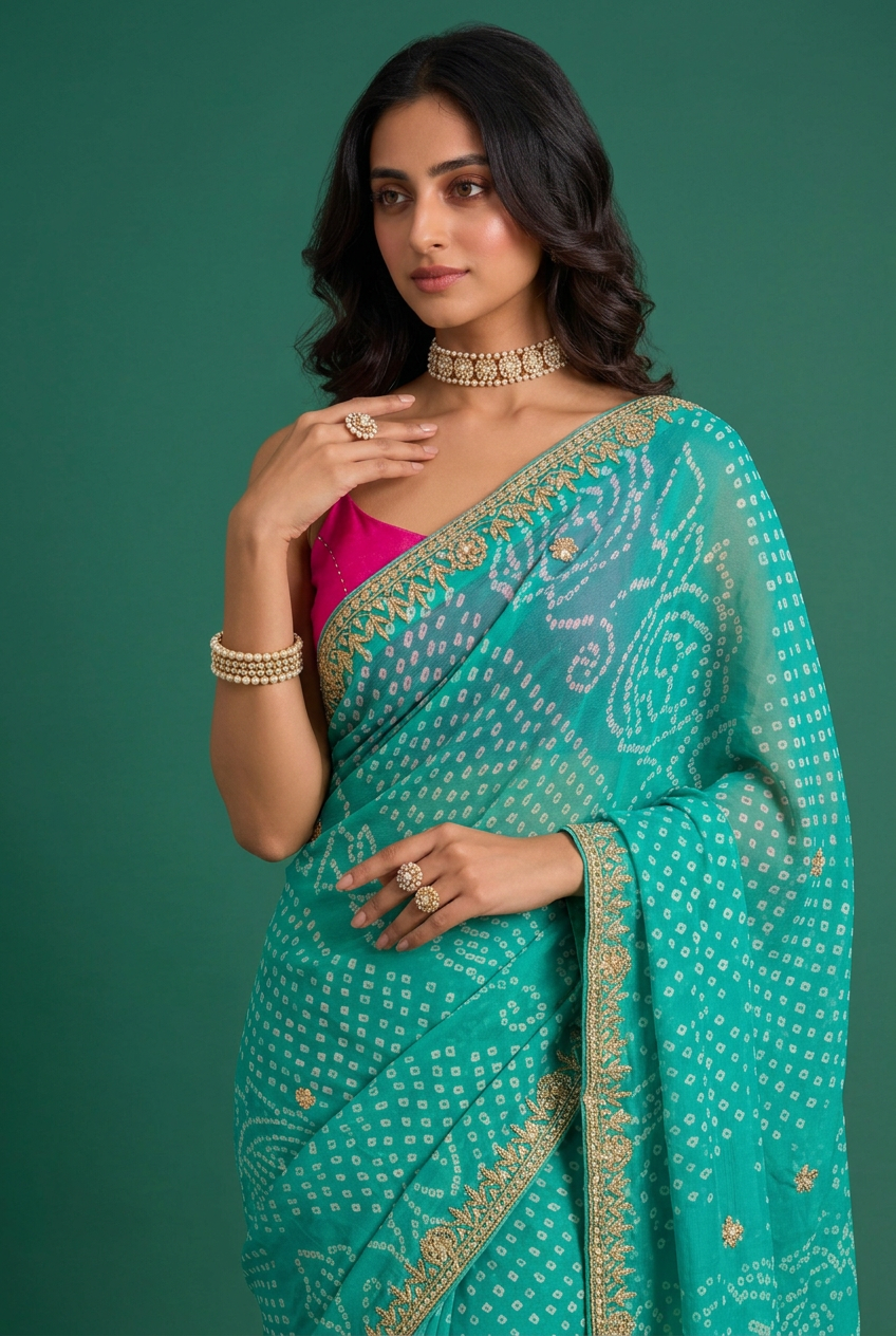 Bandhej Crepe Saree with Gota Patti work.