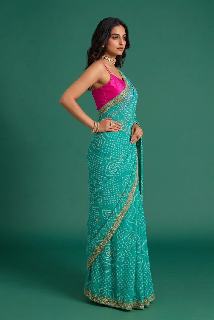Bandhej Crepe Saree with Gota Patti work.