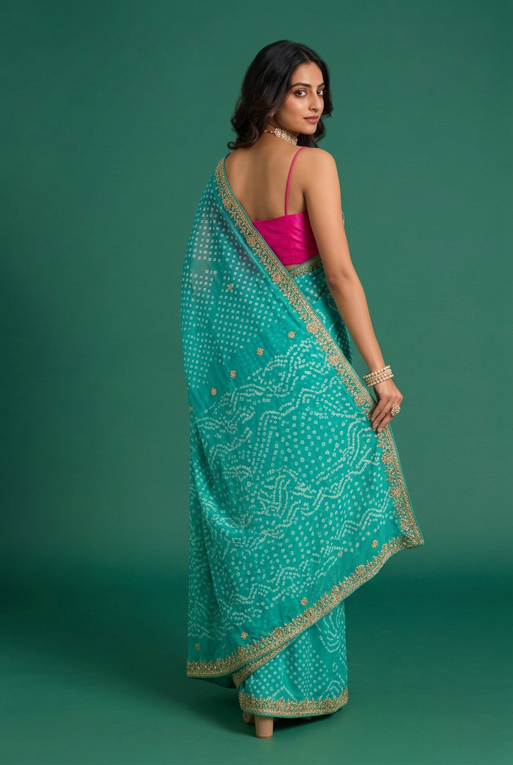 Bandhej Crepe Saree with Gota Patti work.