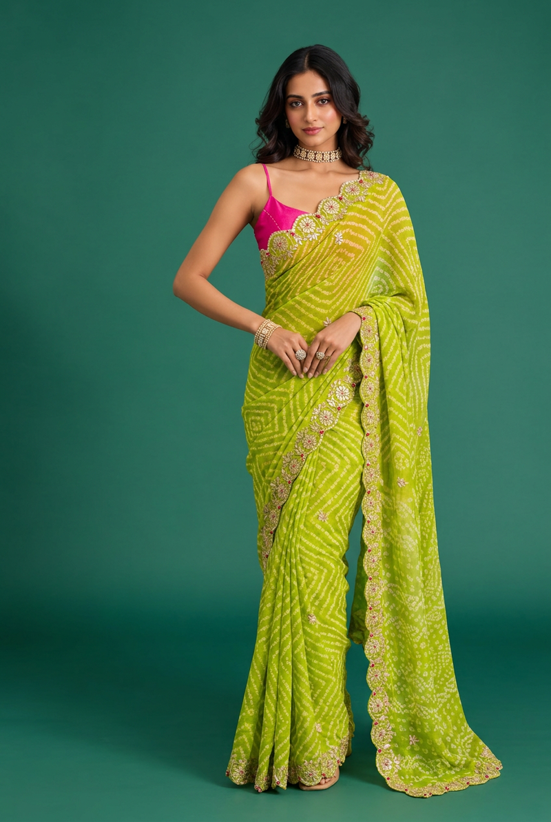 Bandhej Crepe Saree with Gota Patti work.
