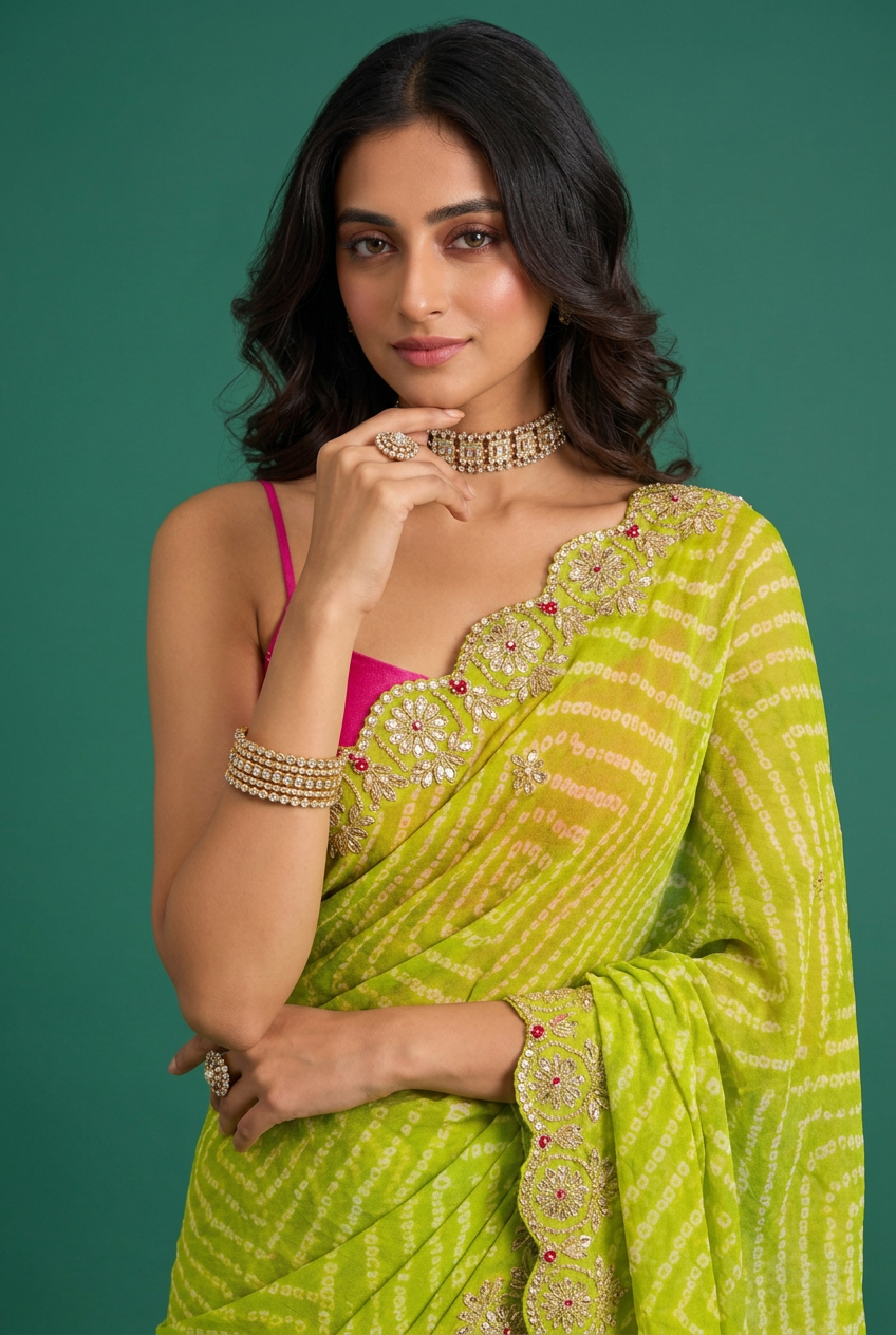 Bandhej Crepe Saree with Gota Patti work.