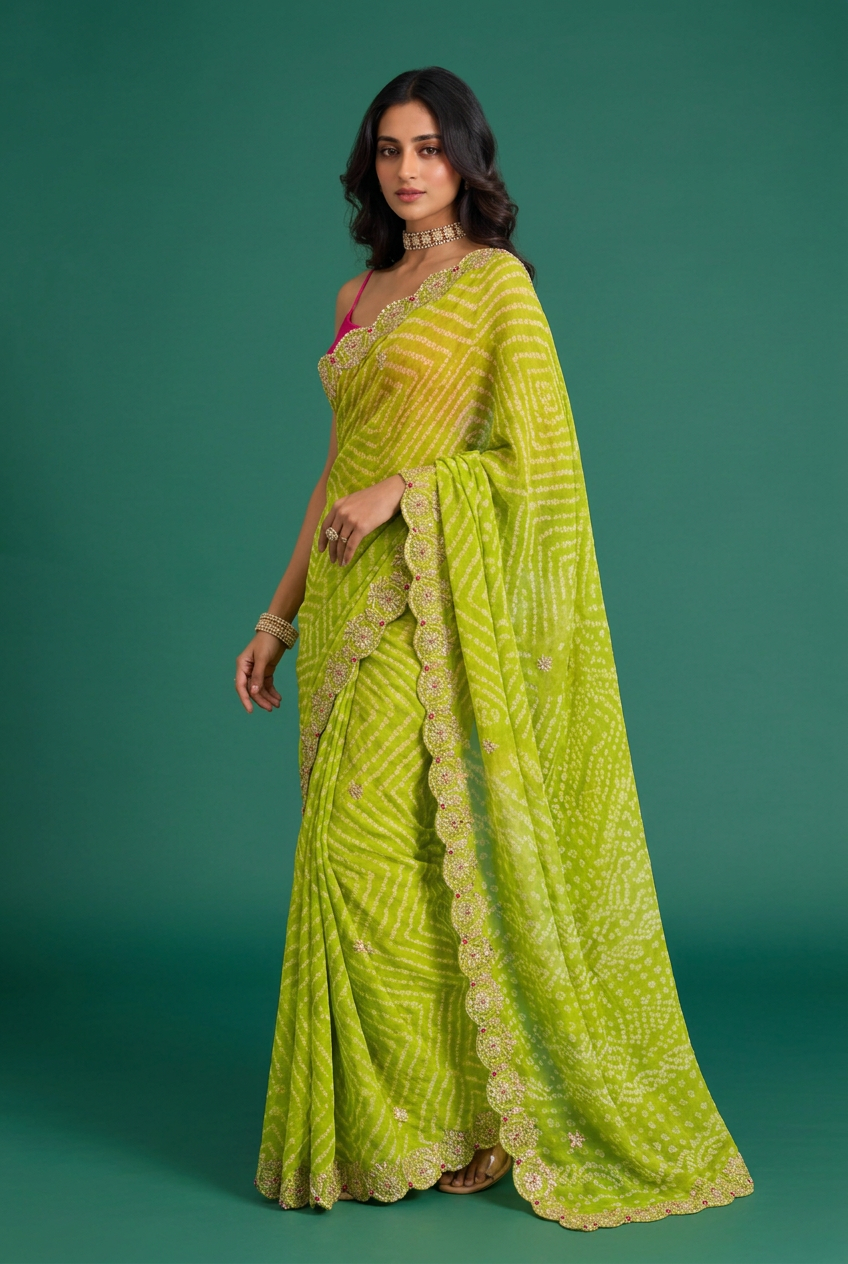 Bandhej Crepe Saree with Gota Patti work.