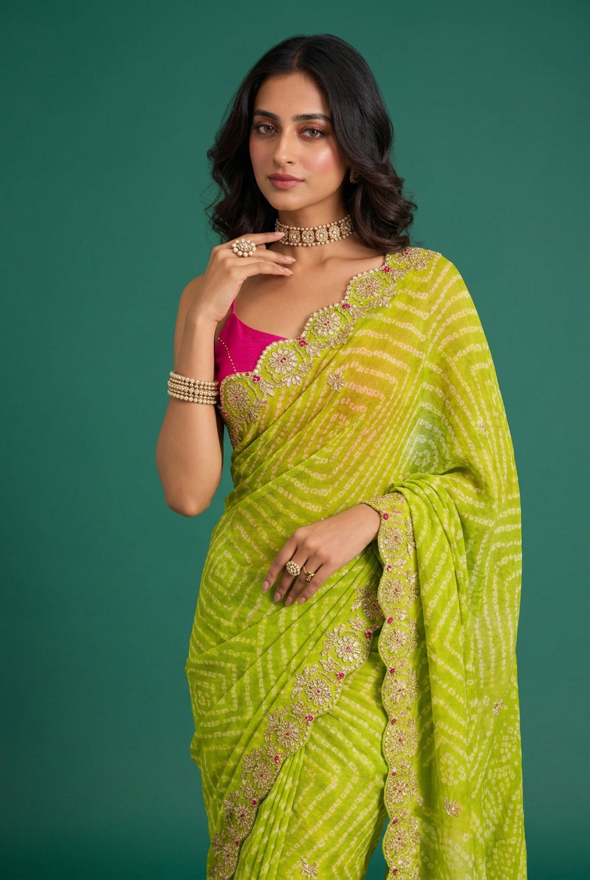 Bandhej Crepe Saree with Gota Patti work.
