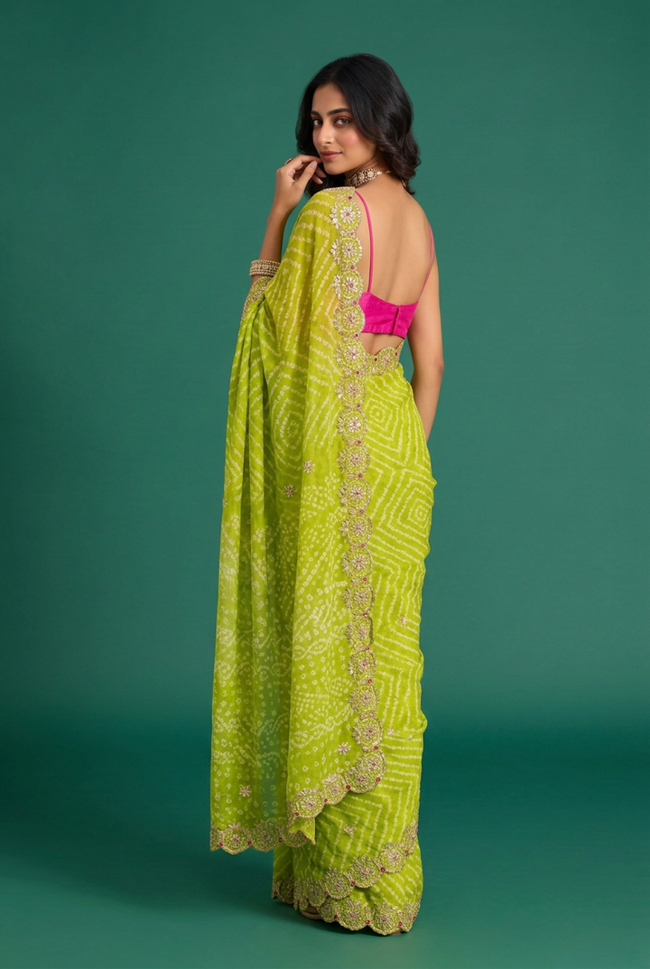 Bandhej Crepe Saree with Gota Patti work.