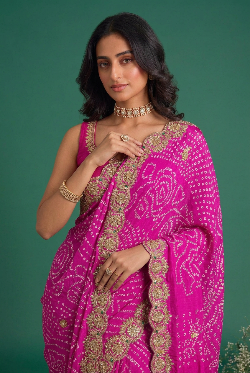 Bandhani Crepe Saree with Gota Patti work.
