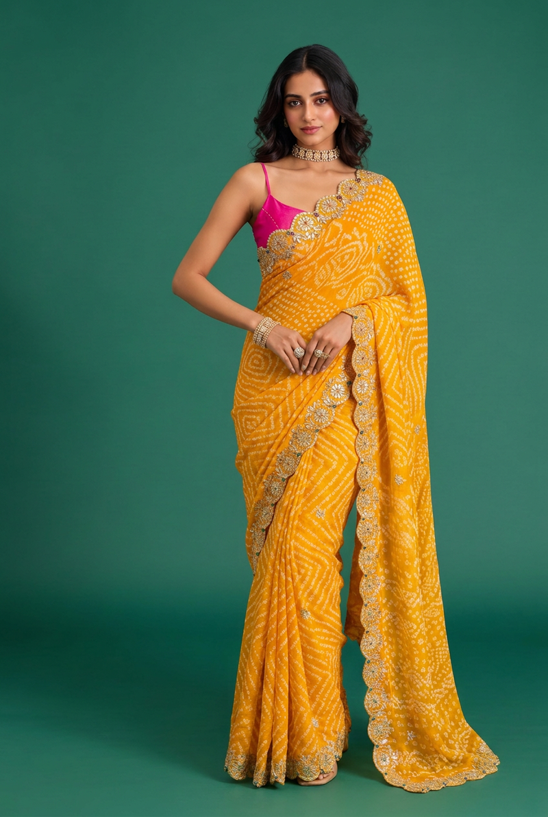 Bandhej Crepe Saree with Gota Patti, Beads work.
