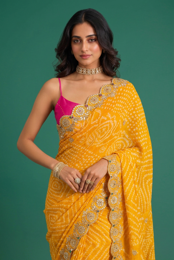 Bandhej Crepe Saree with Gota Patti, Beads work.